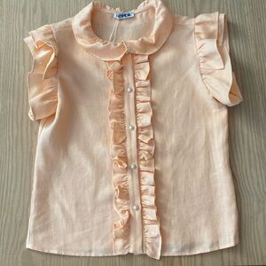 Batsheva Peach Linen Ruffled Cap Sleeve Blouse